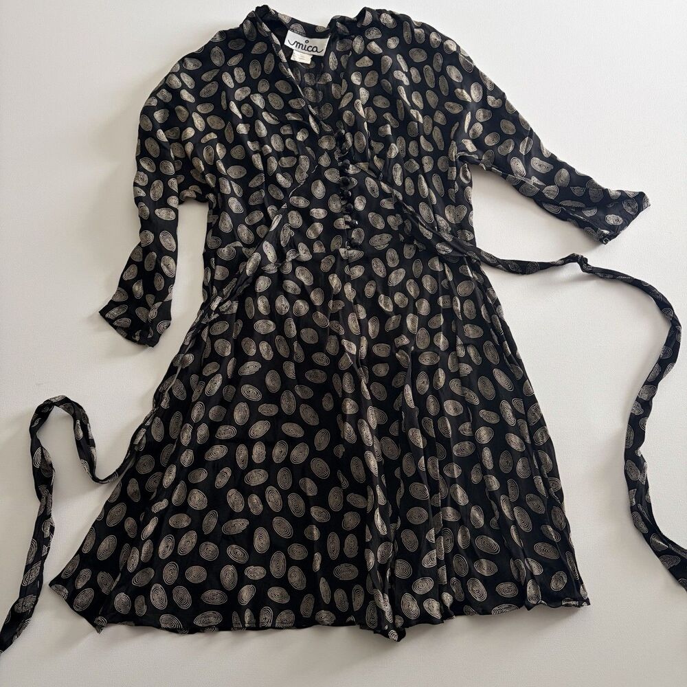 Mica Vintage 90’s Whimsigoth Black Swirl Midi Dress Style 1340 Side Ties Button